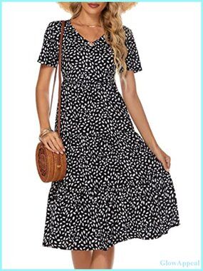 Women's Casual Tiered Midi Dress V-Neck Boho Sundress